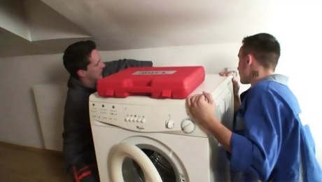 Busty old lady gets threesome with two repairmen